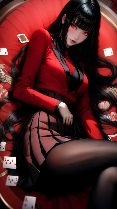 realistic, 1girl, long black hair, red eyes, glowing eyes, red blazer, black plaid skirt, pantyhose, blush, poker table