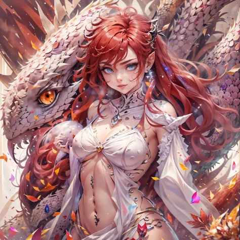 (best quality,4k,8k,highres,masterpiece:1.2), ultra-detailed, realistic, naked sexy dragon woman with red and white glittering scales, long fiery red hair with white highlights, very playful but mischievous smile, huge tits, gigantic breasts, naked, nude, ...