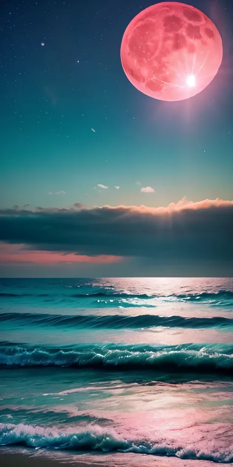 pink roses in the pink sea、Big orange moon, Teal Sky, Soft pink clouds, it's snowing、teal ocean waves glitter, , fantasy, diamond, universe, soft light