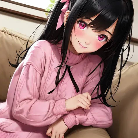 masterpiece, (best quality:1.2), (sharp focus:1.2),, 1 girl,  girl,, (black hair), (pink hair), wear a little ribbon, cute face, blush, shy smile,, wear a pink sweater,, sit on sofa