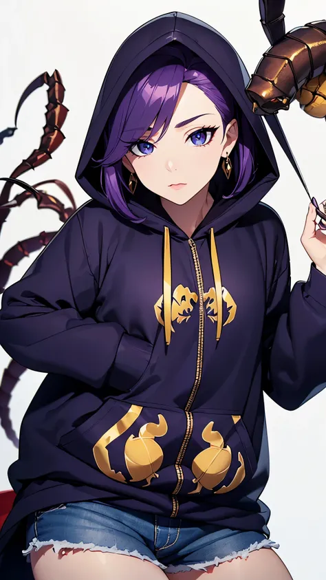 ((8K resolution))、((highest quality))、((masterpiece))、((Super detailed))((((dramatic))), (anatomically correct)、Depth of object being written、look at the camera、one person、one personのJK、front、(purple hair、long twin drill)、stir up、gold earrings、purple eyes、...