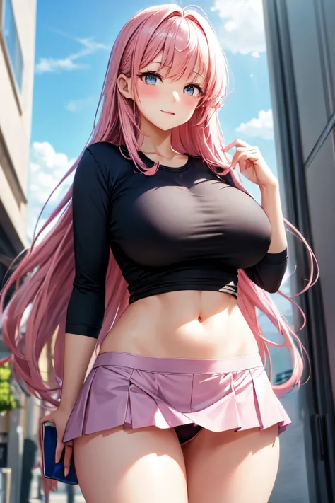 Beauty，Big ，short skirt，underwear，Japanese，long hair，high school student，pink hair，thin waist，Tight tops