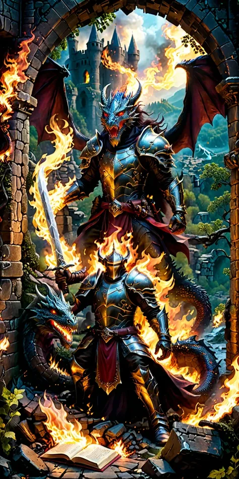 diy8，a warrior battling a fire-breathing dragon in the ruins of a city, dragon‘s claws gleaming in the flames, the warrior wield...