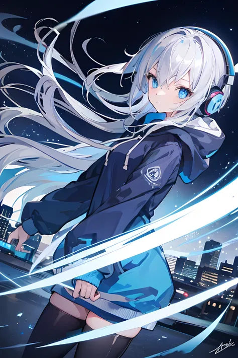 (best image quality), 1 girl, hoodie, hood, 2 2D, anime, night, city, masterpiece, headphone, light blue eyes, silver hair, beautiful eyes, rich expression