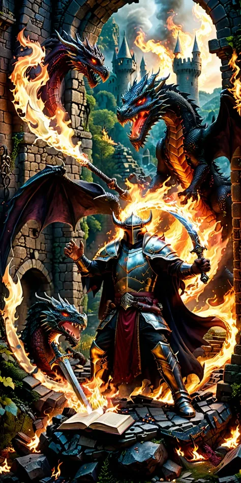 diy8，a warrior battling a fire-breathing dragon in the ruins of a city, dragon‘s claws gleaming in the flames, the warrior wield...