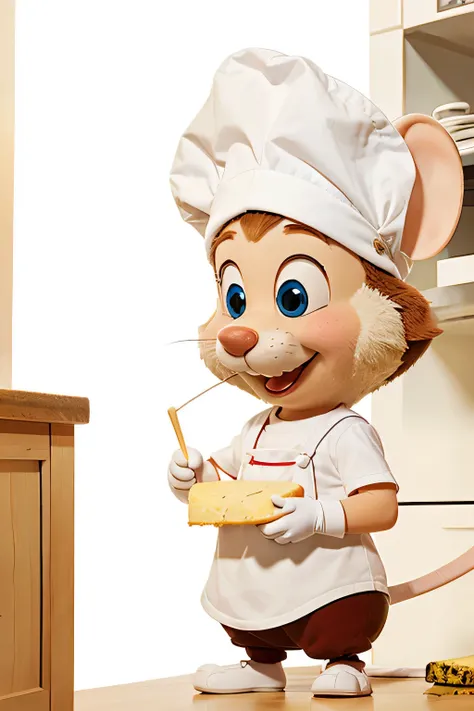 A mascot, cartoon style, white clean background, a mouse in a kitchen hat eating cheese,for a restaurant