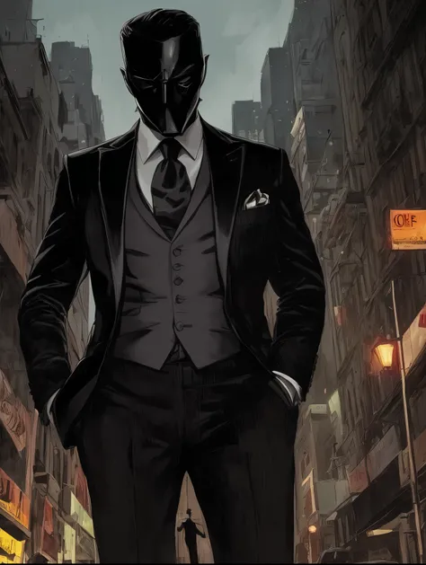 Painting of a man in suit and tie with a black mask, Personagem sombrio e sinistro, terno escuro, desenhado em um estilo neo - noir, homem magro, pessoa sem rosto escura, Homem de preto, magro, anthropomorphic silhouette, Scary black figure standing, por C...