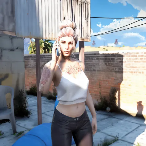 there is a woman that is talking on a cell phone, standing in township street, on a sunny day, gta v street style, on a rooftop, casual pose, second life avatar, no hood | | realistic shaded, in a rooftop, tanny skin, elegant pose, standing in a township s...