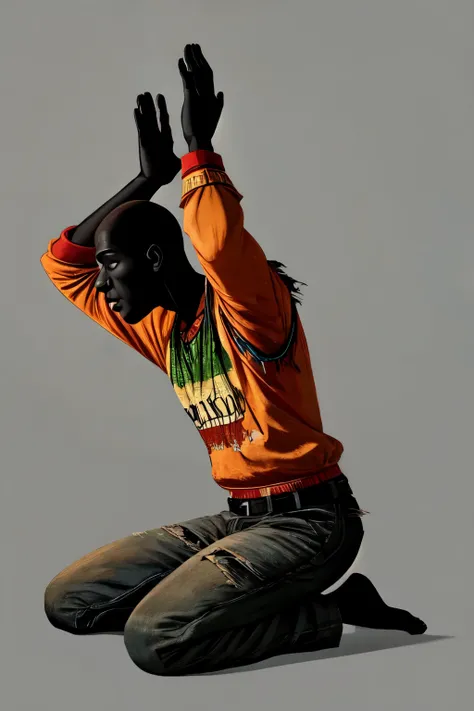 thin black man, haunted, between 35 and 40 years old, with full body, dressed in torn clothes, African, kneeling praying, in side profile praying, with arms raised, on a gray background.