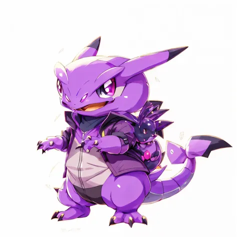 pokemon character with a purple jacket and a black jacket, similar to pokemon, very cute purple dragon, mewtwo, mew, alphonse, illustration pokemon, wonderful, new pokemon, giddy smirk, charmander, alphonse fly, style of cute pokemon, guggimon, pokemon art...