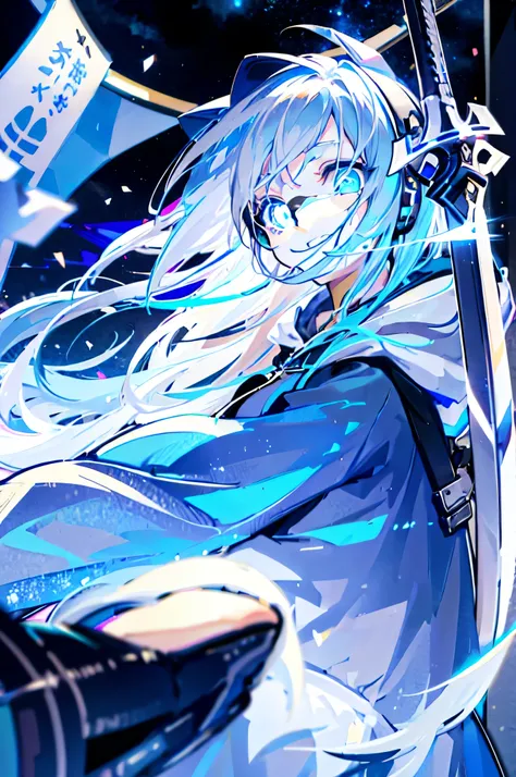 (best image quality), 1 girl, hoodie, hood, 2 2D, anime, night, city, masterpiece, headphone, light blue eyes, silver hair, beautiful eyes, rich expressive power, A big smile, Close ~ eyes, have a sword