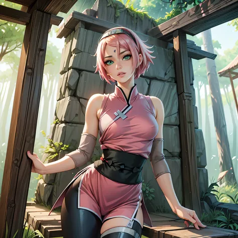 ((ultra quality)), ((masterpiece)), sakura, Naruto Shippuden, ((pinkshort hair)), (beautiful cute face), (beautiful female lips), Charming, ((sexy facial expression)), looks at the camera, eyes slightly open, (skin color white), (blue skin), glare on the b...