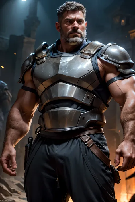 An award-winning original photo，A wild muscular man, (40 years old daddy:1.1), 1boy, Solo, (sleeveless fantasy armor), (black trouser), (big shoulders), musculature, stubbles, Short beard, Beautiful eyes:1.3, ), (Detailed face:1.3), grumpy face, Dynamic An...