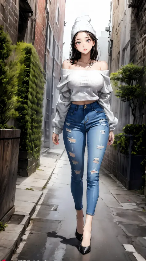 (best quality, masterpiece:1.2), Perfect body, slim waist, Big breasts, off-the-shoulder printed sweatshirt, Beanie without brimmes, jeans, back alley, energetic，full body portrait，back view，slender thighs，