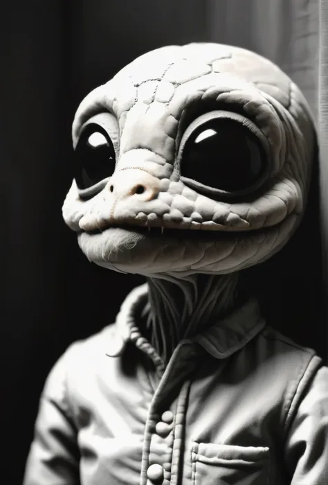 black and white photo of a small stuffed animal, mother portrait, anton semenov, clay character, inspired by e. t. a. hoffmann, ...