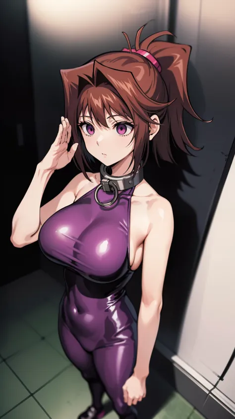 1 girl,NSFW,(((large mechanical collar))),  Kyoko Masaki,(Yu-Gi-Oh),AnzuDef,short hair, brown hair, hair ornament, high ponytail, ponytail,huge breasts, clavicle, Glowing purple eyes,absurd, brainwashing,empty eyes, ((No expression,erasure of emotions)), (...