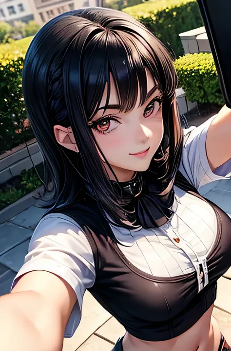 beautiful face,anime,cool beauty,1 girl,black hair,medium hair,medium chest,20th generation,no pubic hair,Height: 162cm,sharp outline,slim body,garden,smile,Half-up hairstyle,(selfie:1.5),blouse,flare skirt,