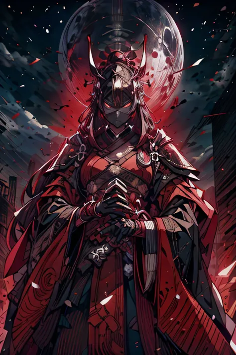 (um poderoso guerreiro samurai:1.1, atmosfera intensa, capacete blindado preto, dark samurai mask covering the face, estilo mortal kombat, manoplas pretas, Armadura de perna preta, Olhos vermelhos brilhantes, esclera dos olhos preta, imposing presence, era...