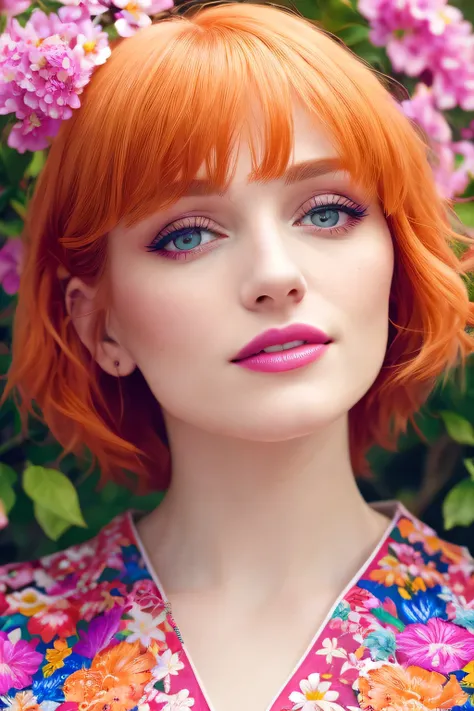 Masterpiece, (Bryce Dallas Howard: 0.5), 20 years, young, short hair, vivid orange hair, shy, cute, playful smile, high detail face, high detail skin, delicate colorful floral dress with sleeves , (high detail eyes:1.3), (small breasts:1.2), (strong athlet...