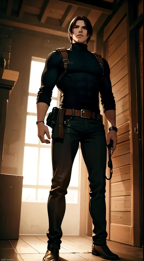 ((Mejor calidad)), ((obra maestra)), (detallado), cara perfecta ,I traveled to an alternative world Leon Scott Kennedy Resident Evil 4 26 años, hombre fitness, tall and hunk, black cold turtleneck, black pants, tirantes, Auricular, belt,colgando una pistol...