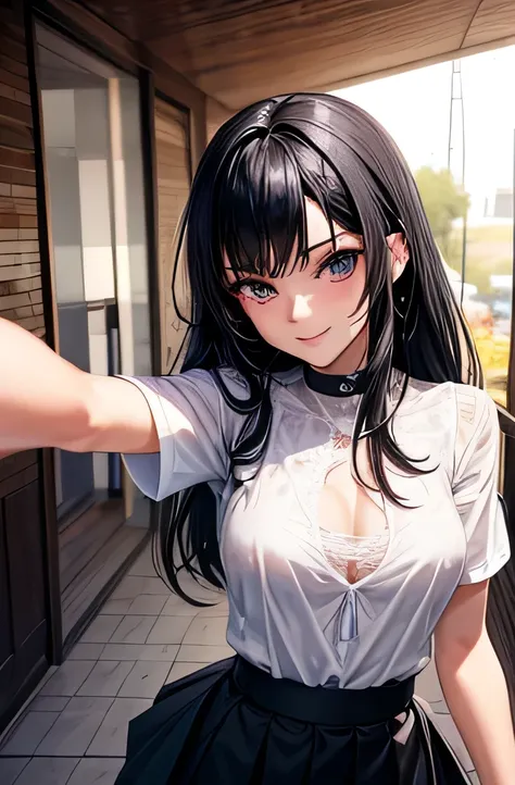 beautiful face,anime,cool beauty,1 girl,black hair,medium hair,medium chest,20th generation,no pubic hair,Height: 162cm,sharp outline,slim body,garden,smile,Half-up hairstyle,(selfie:1.5),blouse,flare skirt,