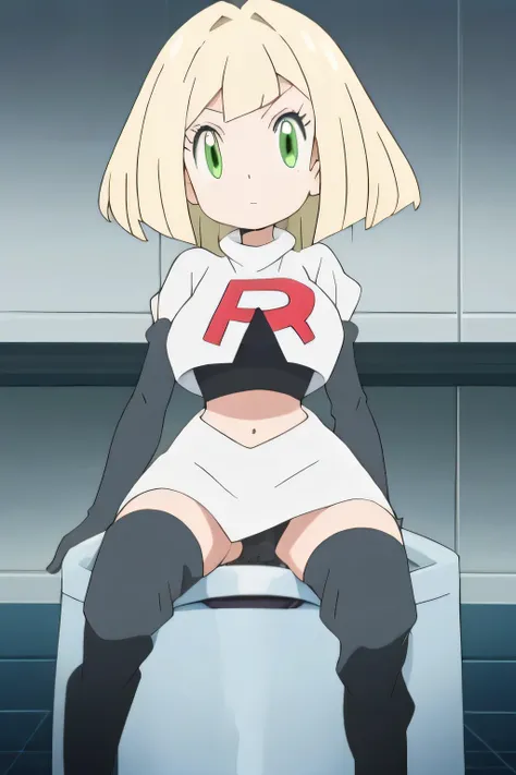 8k, masterpiece,highres, team rocket uniform, red letter r, white skirt,white crop top,black thigh-high boots, black elbow gloves, spread legs, black panties,on toilet,anime style, vivid colors, sharp focus, intense lightingfioramechon, blonde hair, green ...