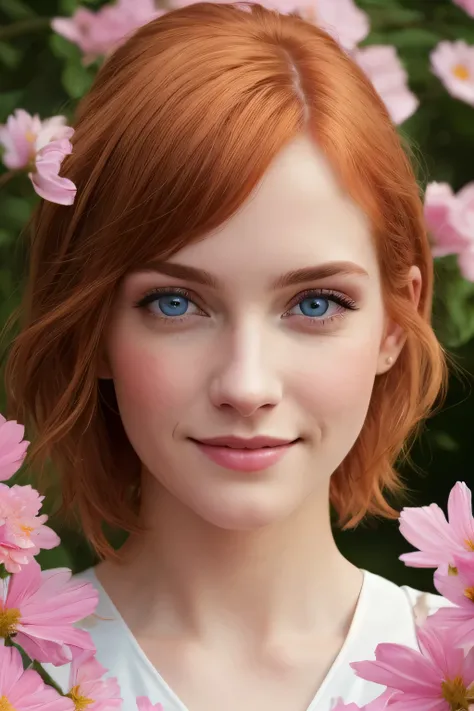 Masterpiece, (Bryce Dallas Howard: 0.5), 20 years, young, short hair, vivid orange hair, shy, cute, playful smile, high detail face, high detail skin, delicate colorful floral dress, (high detail eyes:1.3), (small breasts:1.2), (strong athletic body), gard...