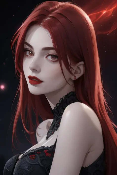 (portrait shot, ((vivid red hair)), mature woman, 30 years old, diamond face, moonlight, red starry sky background, depth of field, magic, big red lips, ((dark black eyes)) black and red long and full dress, covered chest, mystical atmosphere, ominous shad...