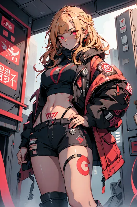 1girl, rebecca \(cyberpunk\), full body, solo, blonde braid hair, glowing red eyes,laugh fearlessly, leg tattoo, neck tattoo,  l...