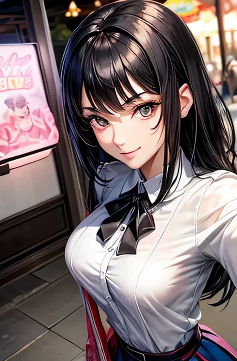 beautiful face,anime,cool beauty,1 girl,black hair,medium hair,medium chest,20th generation,no pubic hair,Height: 162cm,sharp outline,slim body,amusement park,smile,Half-up hairstyle,(selfie:1.5),blouse,flare skirt,