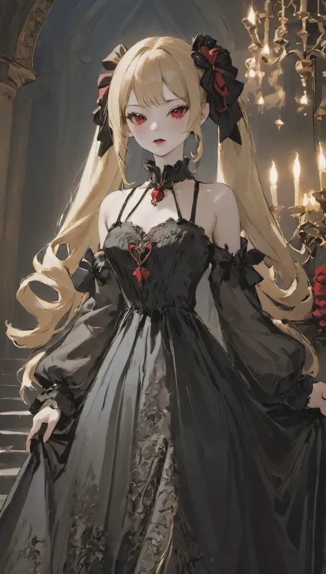 one girl、unparalleled beauty、cute face、red face、fine eyes、(((vampire、crimson eyes、black lips、No expression)))、dark fantasy、Drifting eroticism、twin tails、twin tails、blonde、classy dress、small breasts、ancient capital、dark drawing room、luxurious ornaments、dark...