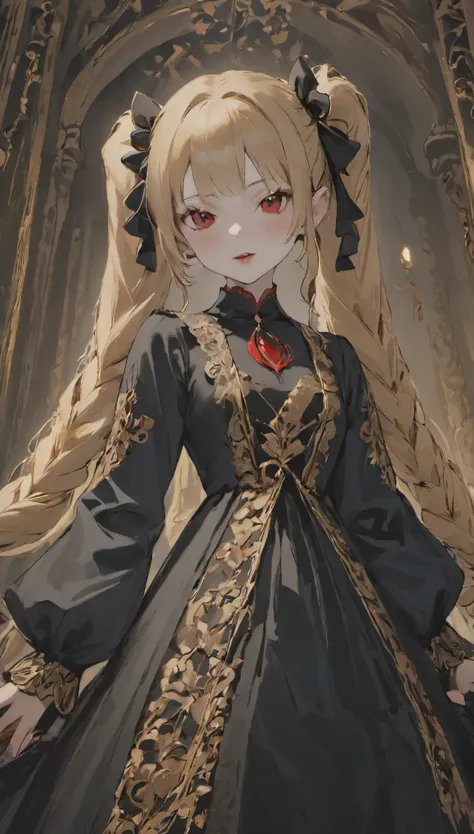 one girl、unparalleled beauty、cute face、red face、fine eyes、(((vampire、crimson eyes、black lips、No expression)))、dark fantasy、Drifting eroticism、twin tails、twin tails、blonde、classy dress、small breasts、ancient capital、dark drawing room、luxurious ornaments、dark...