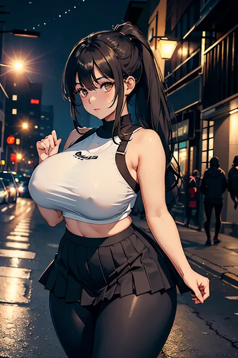 A girl with huge breasts, wide hips, wearing leggings and a pleated skirt, high heels, a sports top, long black hair tied in a ponytail, bright brown eyes, on a random street on a moonlit night, body photo whole,