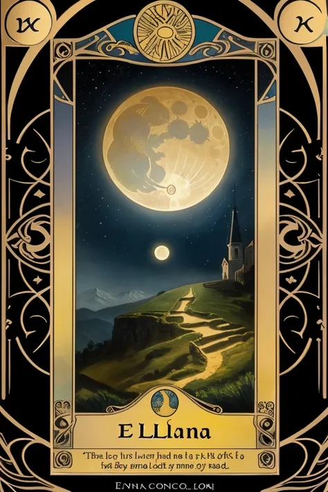 La Luna LLena, magical landscape, mythological tarot card, that has the word El Sol written in Spanish