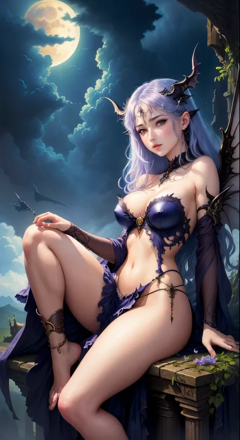 ((highest quality)), ((masterpiece)), (be familiar with), charming succubus, mysterious beauty, perched above the clouds, (fantasy illustration:1.3), captivating gaze, seductive pose, delicate wings, Otherworldly charm, mysterious sky, (Luis Royo:1.2), (Yo...