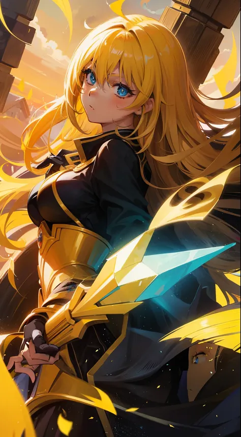 Garota anime com cabelo loiro longo e cabelo amarelo em uma roupa preta, portrait knights of the zodiac girl, artegerm JSC, portrait of a female anime heroine, inspirado em Yang J, artegerm extremamente detalhado, estilo artegerm, Senna de League of Legend...