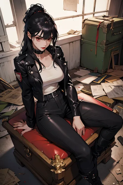 1 vampire girl, long, wavy black hair, red eyes, thin red lips, round face, huge breasts, wearing a dark leather jacket, dark le...