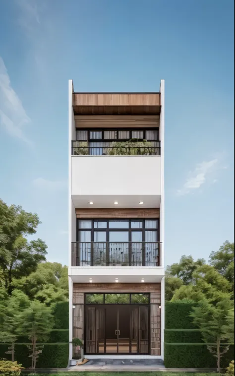 (Maison de ville en ville ,fermer les maisons et les arbres), day light ( best quality) ((High solution)) ,(( photo realistic)) ,Warm light, (vue nette de la maison de ville dans un style moderne, maison, Narrow area,vietnam,façade, curved arch,Beautiful f...