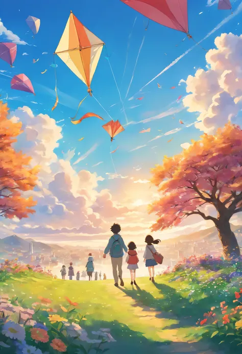 best quality,，High resolution,masterpiece，super detailed,scattered light,landscape illustration,Miyazaki style,Flying a kite on a sunny day,Distant figures,A large group of people,Colorful kites,breath of spring,,concept artist,Bokeh