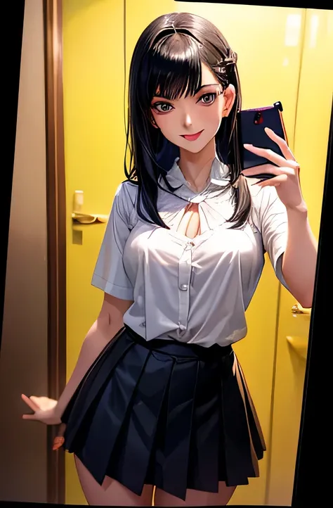 beautiful face,anime,cool beauty,1 girl,black hair,medium hair,medium chest,20th generation,no pubic hair,Height: 168cm,sharp outline,slim body,amusement park,smile,Half-up hairstyle,(selfie:1.5),blouse,flare skirt,
