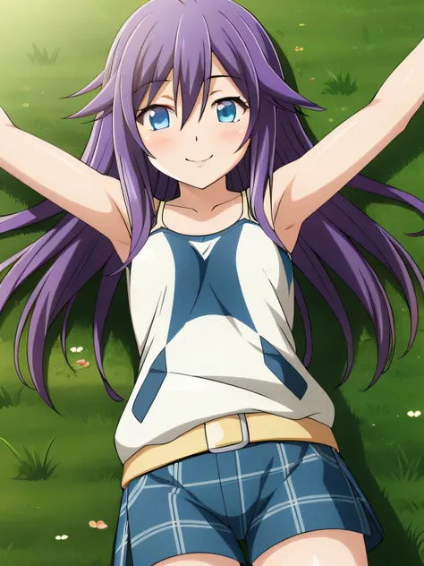 mizore_shirayuki ,1girl, solo, spread arms, smile, lying, on back, on grass, looking at viewer, solo, in the center, cowboy shot...