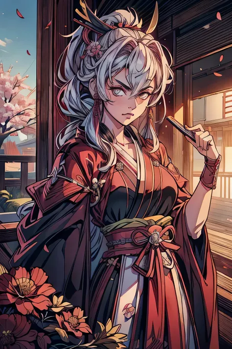 mulher samurai, cabelo branco longo, face of fury, looking directly at the camera, paleta de cores rosa, flores cerejeira, cherry petals, segurando katana, full samurai armor, personagem de costas, looking directly into the camera, close up on face, espada...