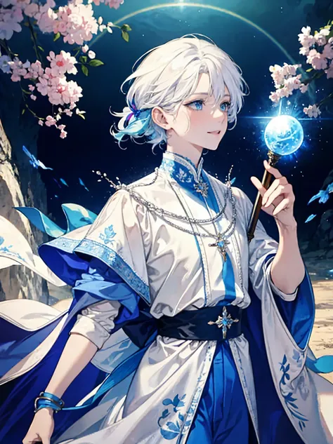 Masterpiece, highres, best quality, official, details, solo, male, short hair, white hair, smile facial, light blue eyes, rainbow, fantasy white robe, mage, sky, water, fantasy staff