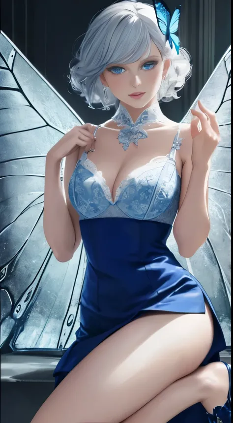 (best quality,4k,highres,masterpiece:1.2),ultra-detailed,realistic:1.37,butterfly bow,sexy legs,high heels,short skirt,white blouse,silver hair,blue eyes,gorgeous face,portraits,vivid colors,dreamy lighting,sexy lingerie,confident pose,enticing expression,...