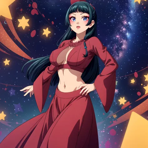 solo,
maomao,1girl,long hair,makeup,
red dress,wide_sleeves,midriff,shawl,
long_skirt,night stars,show tits,freee the nipple