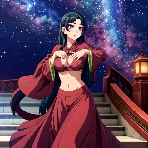 solo,
maomao,1girl,long hair,makeup,
red dress,wide_sleeves,midriff,shawl,
long_skirt,night stars,show tits,freee the nipple