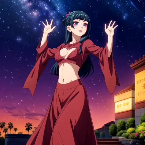 solo,
maomao,1girl,long hair,makeup,
red dress,wide_sleeves,midriff,shawl,
long_skirt,night stars,show tits,freee the nipple