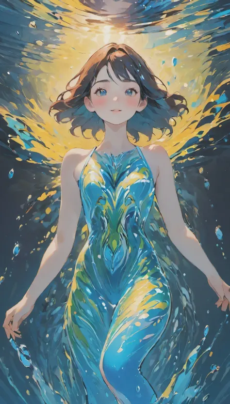 (Super detailed,ultra high resolution,detailed background),((2D)),((flat color)),((colorful)),((floating colorful water)),1 girl,alone,looking at the viewer,break、body paint、beauty of women、white face、luminous paint、warm color、