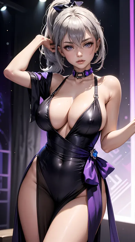 Beautiful silver hair girl is shown to have a slender figure. Spiral ponytail, bow in hair, She is wearing a  beautiful NSFW dress, jewelry, grayish purple eyes, Girl standing in a gala ballroom, sexy session, putting her hands on her waist, poseing, expos...