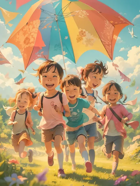 (high quality,4K,8K,high resolution,masterpiece:1.2),Super detailed,(actual,photoactual,photo-actual:1.37),professional, bright colors, Bokeh, Vibrant sunshine, four happy children, Run happily, fly a kite, Colorful kites, outdoor, character illustration, ...